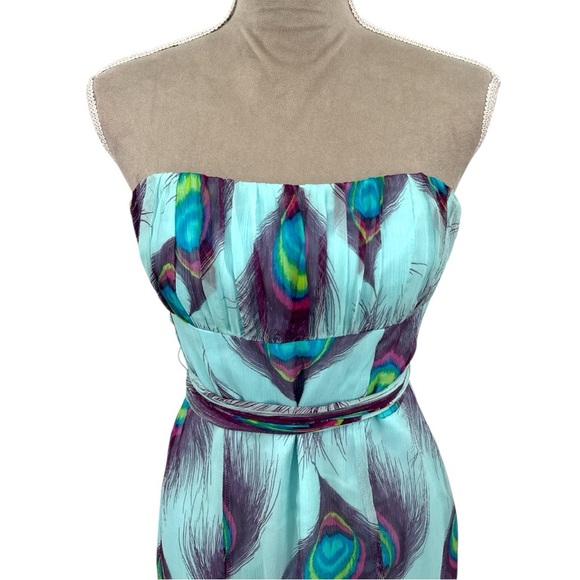 Nanette Lepore Peacock Print Shirred Strapless Silk Dress - Light Blue - Size 4 - Picture 3 of 7